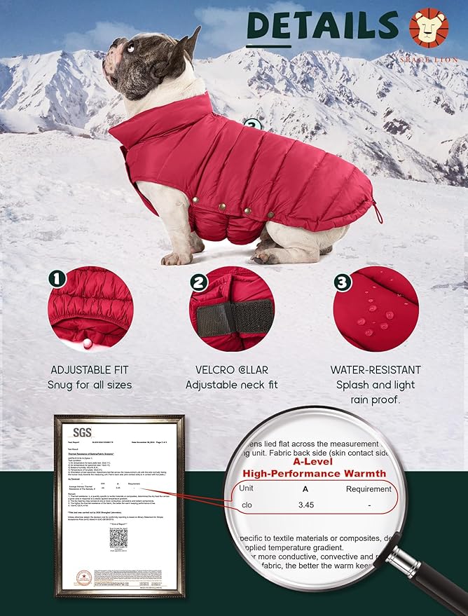 SPACE LION Dog Puffer Jacket, Down Winter Coat, Durable Outdoor Coat for Cold and Windy Conditions, Waterproof, Lightweight Jacket, Adjustable Fit for Small, Medium, Large Dogs(Red,24/2XL)