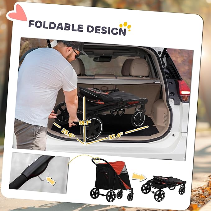PawHut Dog Stroller for Large Medium Small Dogs up to 66 Lbs. 23.5" in Body Length, One-Click Foldable Pet Cat Stroller with Storage, Shock Absorption Wheels, Mesh Window, Safety Leash, Red