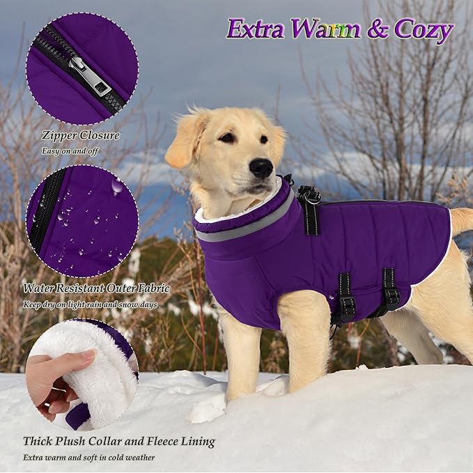 Dogcheer Dog Coat with Harness, Waterproof Dog Jacket Adjustable Pet Winter Coat with Zipper, Christmas Puppy Snow Jacket Fleece Sweater for Small Medium Large Dogs - Purple L