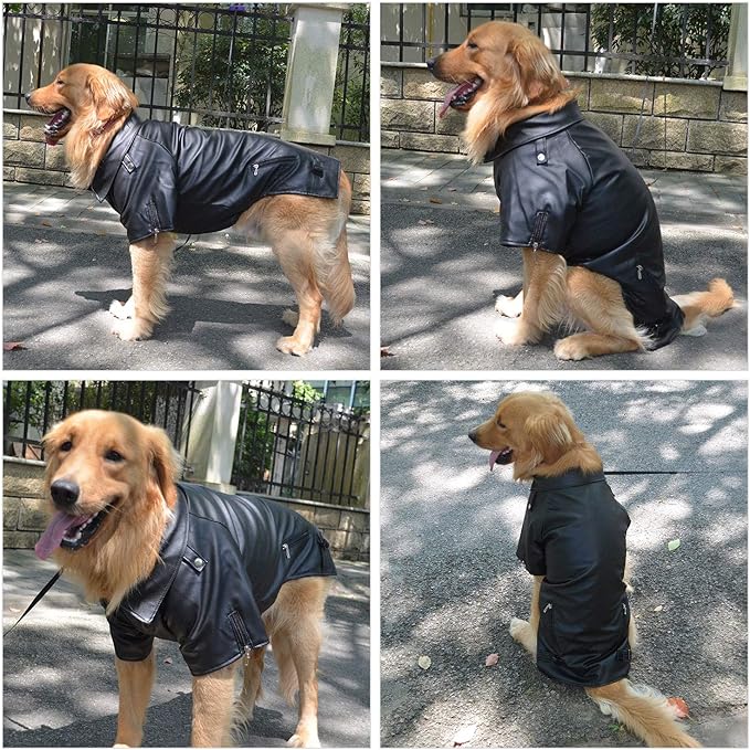 Lovelonglong Cool Dog Leather Jacket, Warm Coats Dogs Windproof Cold Weather Coats for Large Medium Small Dogs, Miniature Poodle Clothing Black L
