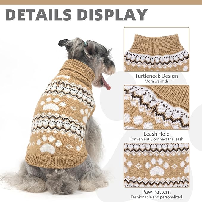 KOOLTAIL Cable Knit Dog Sweater Turtleneck, Cold Weather Pullover Classic Knitwear, Cute Paws Pattern Thick Warm Winter Pet Clothes, Dog Christmas Sweater for Small Medium Large Dogs Cats, Khaki S