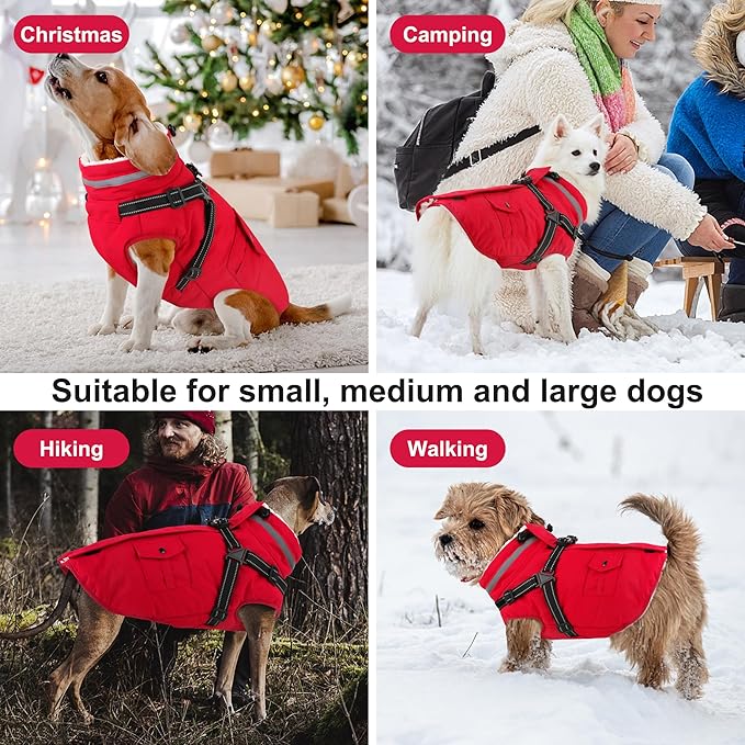Dogcheer Dog Coat with Harness, Waterproof Warm Dog Winter Jacket with Pockets, Reflective Pet Fleece Jacket Turtleneck Snowsuit for Small Medium Large Dogs - Red, 2XL
