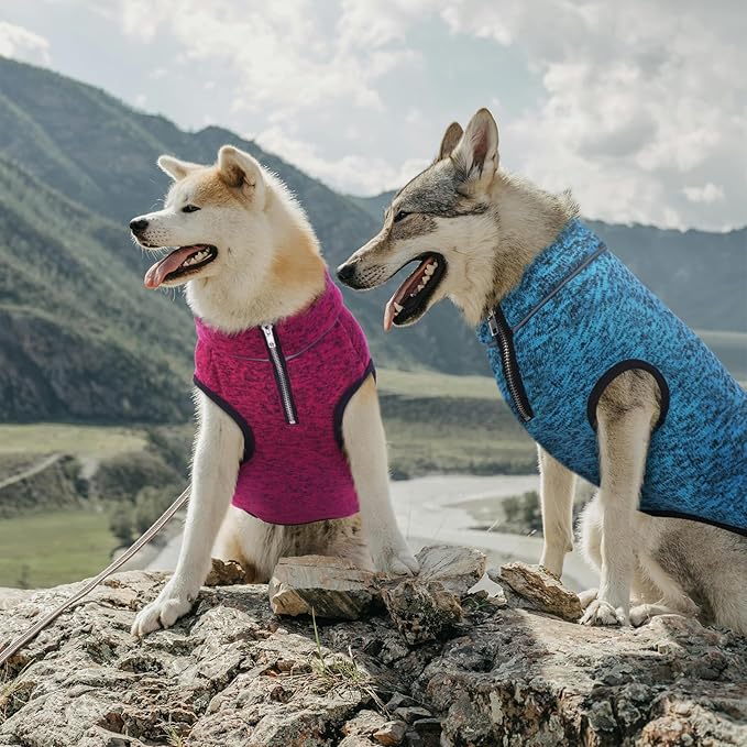 ROZKITCH Dog Sweater for Medium, Knit Jacket with Fleece Lining, Dog Clothes for Medium with Half Zipper Opening for Harness, Adjustable Neck Reflective Pet Jacket Blue L