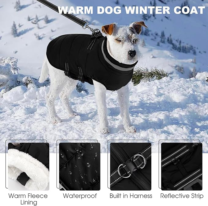 Large Dog Coat with Harness Built-in, Waterproof Reflective Fleece Lined - Warm Windproof Winter Jacket with Back Zipper, Cold Weather Snow Dog Coats - Black - XL