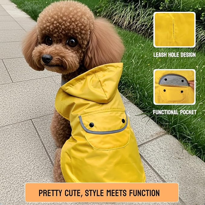 Dog Raincoat Dogs Rain Jacket Reflective Poncho Rainwear Waterproof Pet Clothes Warm Lined Pocket Hooded Leash Hole Adjustable Small Medium Dogs,Yellow,XL,Back Length 14.0 Inch
