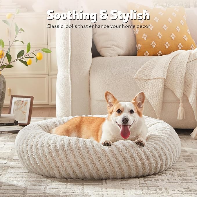 MIXJOY Dog Beds Large Sized Dogs, Washable Dogs Bed with Removable Cover, Cozy Donut Dog Ded Fluffy Plush Faux Fur Pet Bed with Anti-Slip Bottom, 36"x36"x10", White