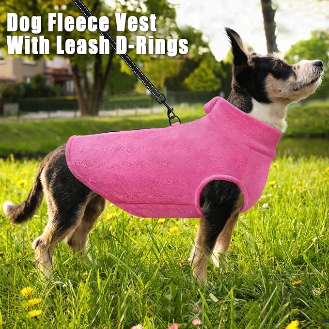 Idepet Dog Fleece Vest Sweater Zip Up Warm Pullover Dogs Jacket with D-Ring Leash Winter Cold Weater Coat Pet Sweatershirt Clothes Hoodie for Small Medium Dogs Boy Girl (Rose Red, M)