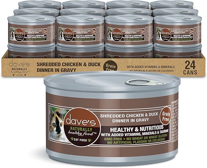 Dave's Pet Food Grain Free Wet Cat Food (Shredded Chicken & Duck in Gravy), Naturally Healthy Canned, Added Vitamins & Minerals, Wheat, Gluten, & GMO-Free, 2.8 oz (24 Pack)