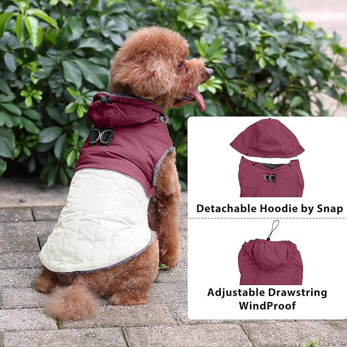 Detachable Hooded Dog Coat with Harness for Medium Dogs,Super Warm Fleece Puppy Jacket for Cold Winter Doggie Coats,Red XL
