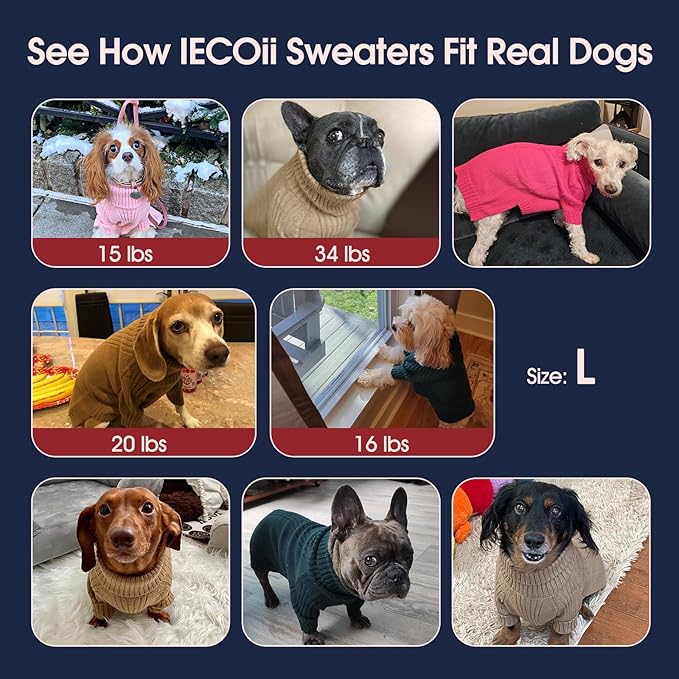 IECOii Dog Sweaters for Medium Dogs Girl Boy,Holiday Knit Doggy Sweatshirt with Sleeve,Turtleneck Thick Warm Dog Sweaters for Winter,Pullover Knitwear for French Bulldog,Boston Terrier (Brown, L)