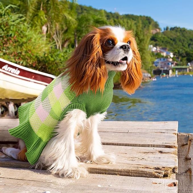 Dog Sweater Dress Plaid Knitwear for Small Medium Dogs Warm Puppy Pet Turtleneck Stretch Pullover Cute Fall Winter Vest Clothes with Leash Hole for Christmas (Green, S)