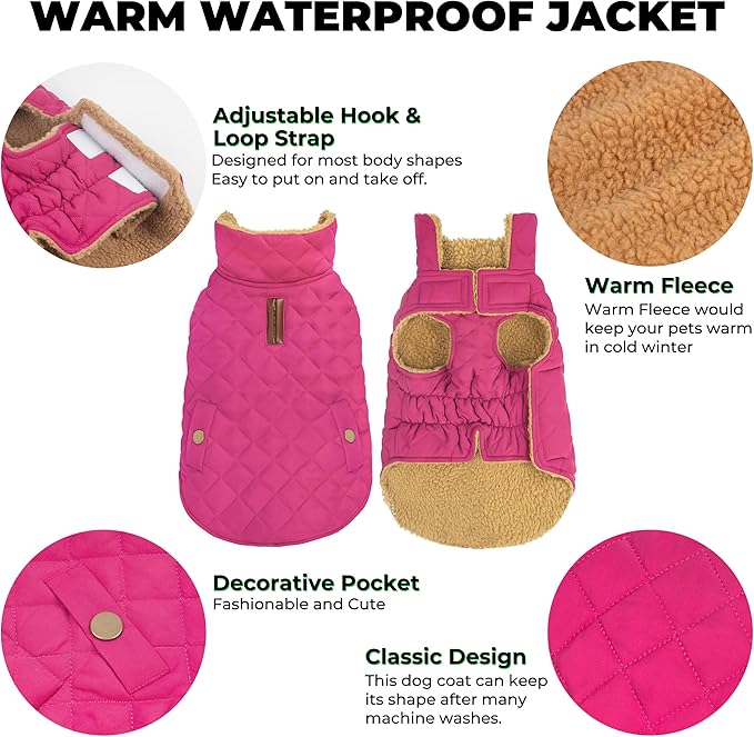 Dog Coat, Warm Soft Dog Winter Coats for Small Dogs, Waterproof Windproof Dogs Adjustable Jacket with Fleece Lined Turtleneck Doggy Snowsuit with Leash Hole, Rose Red Large