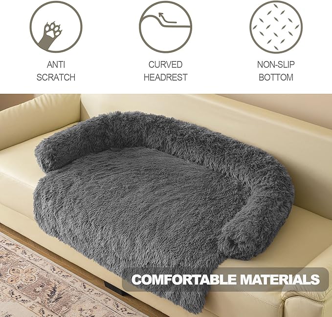 Calming Dogs/Cats Bed Mats, Dog Pad Washable Removable Couch Cover, Plush Long Fur Mat for Pets, Waterproof Lining, Perfect for Small, Medium and Large Dogs and Cats (Dark Gray, 34"x30")