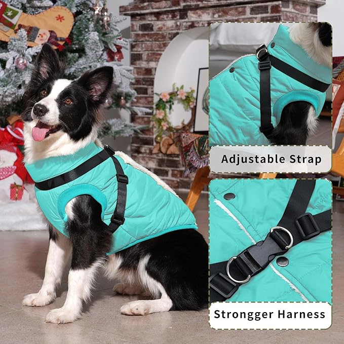 Dog Jacket with Harness,Fleece Lined Warm Puppy Coat for Winter,Soft Windproof Medium Dog Vest,Bluegreen XL
