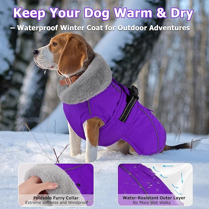 Dogcheer Dog Coat with Pocket, Waterproof Dog Jacket with Adjustable Buckle, Reflective Puppy Winter Coat Warm Turtleneck Fleece SnowJacket for Small Medium Large Dogs - Purple S