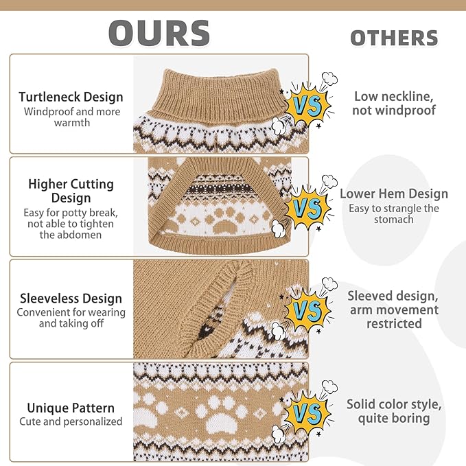 KOOLTAIL Cable Knit Dog Sweater Turtleneck, Cold Weather Pullover Classic Knitwear, Cute Paws Pattern Thick Warm Winter Pet Clothes, Dog Christmas Sweater for Small Medium Large Dogs Cats, Khaki L
