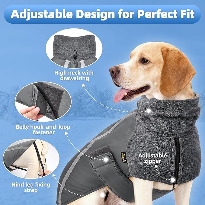 SlowTon Winter Dog Coat, Warm Polar Fleece Lining Doggie Outdoor Jacket with Turtleneck Scarf Reflective Stripe Adjustable Waterproof Windproof Puppy Vest Soft Pet Outfits (L+,Grey)