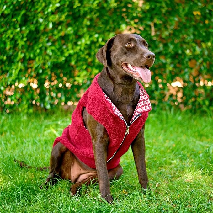 Tuff Pupper Reversible Fleece Sweater Vest for Dogs | Lightweight Comfortable Insulated Jacket | Front Zip Closure | Machine Washable | Built-in Leash Hole | Sizes for All Breeds (XL, Red)