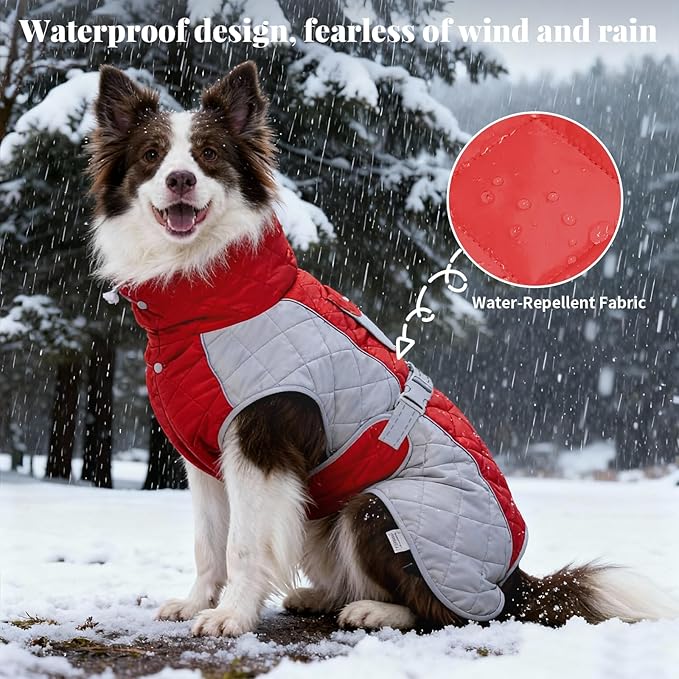 Dog Coat Dogs Winter Coat- Fleece Lined,Water-Resistant,Convertible Collar,Back Reflective Strip&Easy to Wear for Outdoor Walking Dog-Jacket(Red, Large)