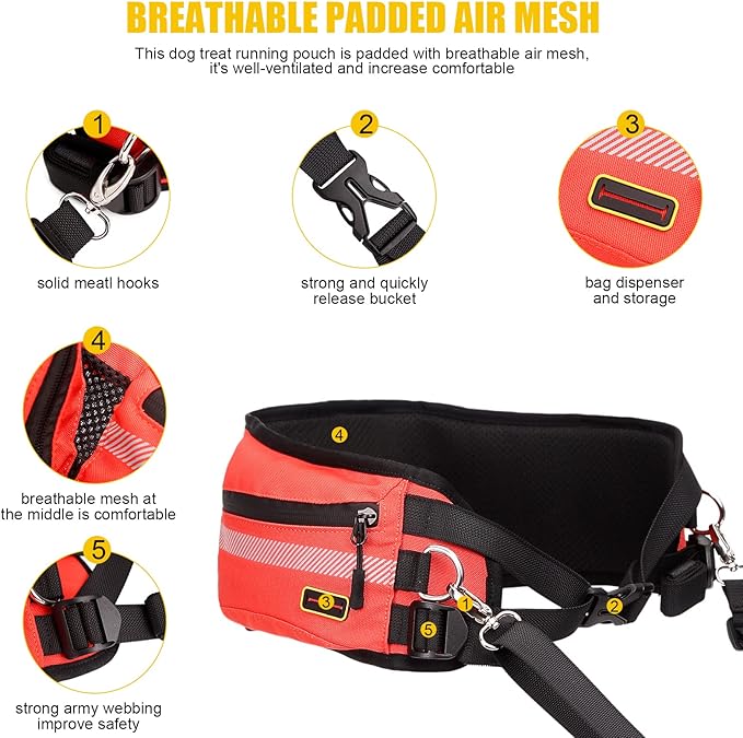 LIOPARD Dog Large Treat Bags Training Pouch Hands Free Waist Belt Puppy Small Waterproof Fanny Pack Pet Accessories Waste Bags with Dispenser for Travel Running Walking Hiking Agility (Orange)