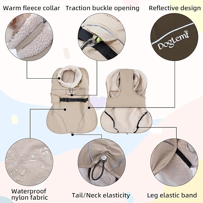 Adjustable Dog Coat with Harness Slot, Waterproof Fleece Lined Winter Jacket, Windproof Reflective Pet Vest for Cold Weather for Small Medium Large Dogs (Black, Medium)