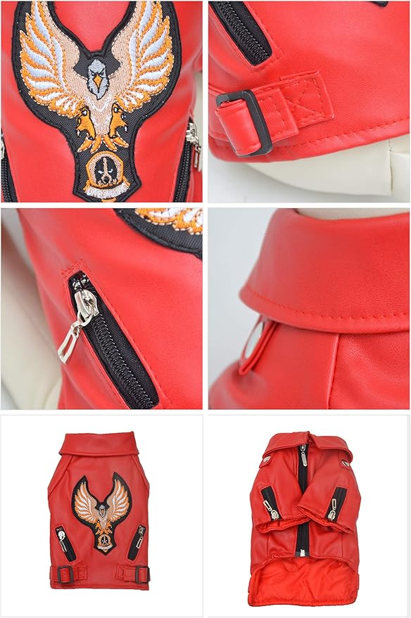 Lovelonglong Cool Dog Leather Jacket, Warm Coats Dogs Windproof Cold Weather Coats for Large Medium Small Dogs with Eagle Embroidery Red XXL