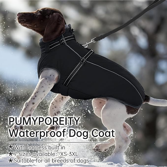 PUMYPOREITY Winter Fleece Coat for Small Dogs, Reflective Dog Jacket with Harness Built in, Waterproof Warm Coat for Dogs, Cold Weather Coats for Outdoor, Therma Windproof Pet Snowsuit, Black, S