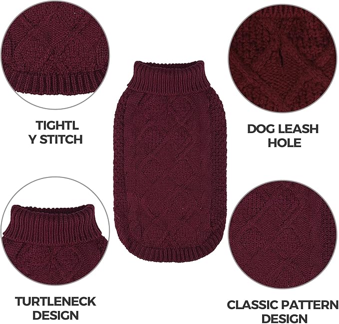 Mihachi Turtleneck Dog Sweater - Winter Coat Apparel Classic Cable Knit Clothes with Leash Hole for Cold Weather, Ideal Gift for Pet in New Year Wine Red SM