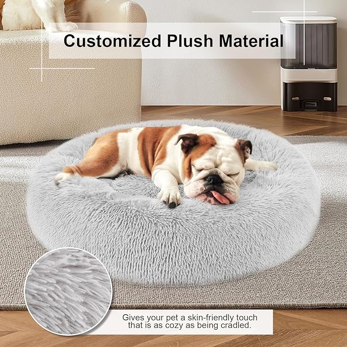 Dog Bed, Cat Calming Bed, Faux Fur Pillow Pet Donut Cuddler Round Plush Bed for Large Medium Small Dogs and Cats