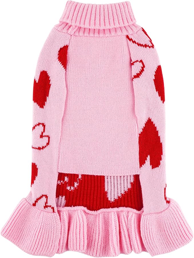 cyeollo Dog Sweater Dress Dog Clothes Pullover Turtleneck with Leash Hole Heart Pattern Holiday Outfit Female Pet Apparel Valentine Sweater for Medium Large Dogs
