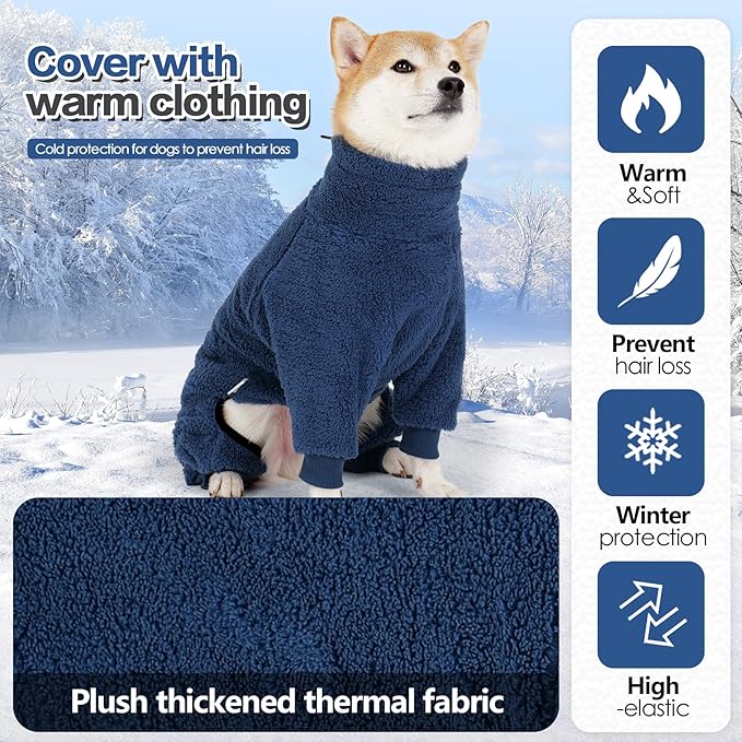 Dog Winter Coat, Warm Fleece Dog Jacket, Windproof Pullover Jumpsuit, Full Body Pajamas Onesie, Cold Weather Clothes for Medium Large Dog(Large,NavyBlue)