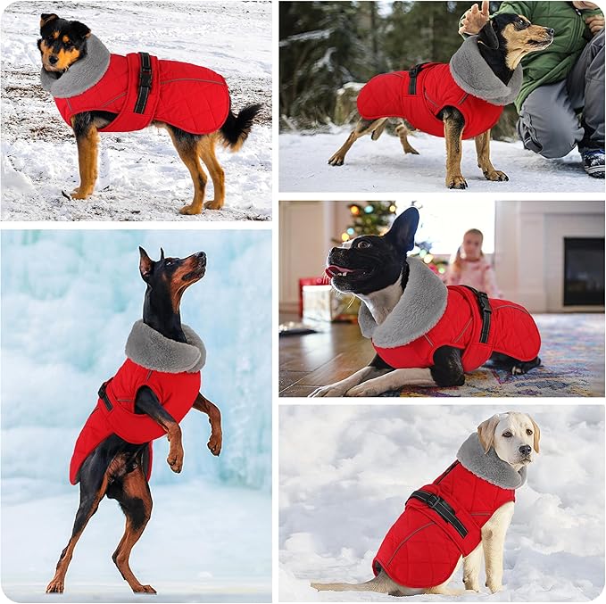 Dog Coat, Waterproof Dog Winter Jacket with Adjustable Buckle, Reflective Turtleneck Pet Snow Vest Warm Fleece Sweater for Small Medium Large Dogs - Red, S