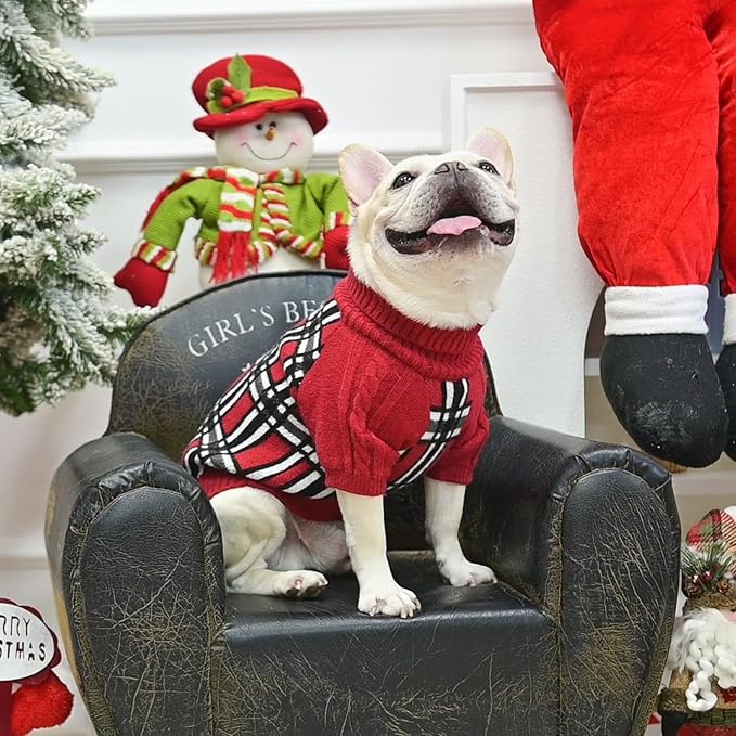 SCENEREAL Turtleneck Dog Sweater for Small Medium Large Dogs Girls Boys, Christmas Plaid Pullover Puppy Sweatershirt, Dogs Cold Weather Outfit Clothes, Ideal Gift for Pet in New Year, Red Plaid SM