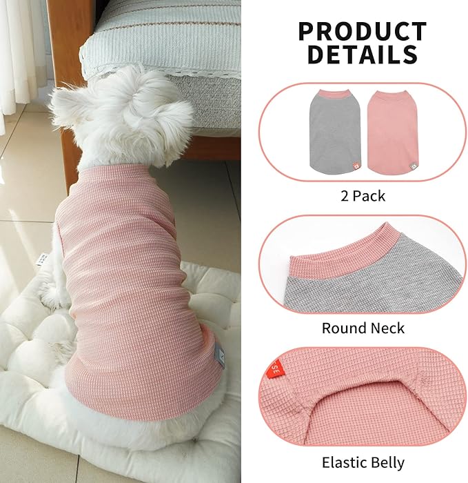 KYEESE 2Pack Dog Shirts Waffle for Small Dogs Stretchy T-Shirts Lightweight Tank Top Sleeveless Dog Vest Breathable, Large, Pink+Grey