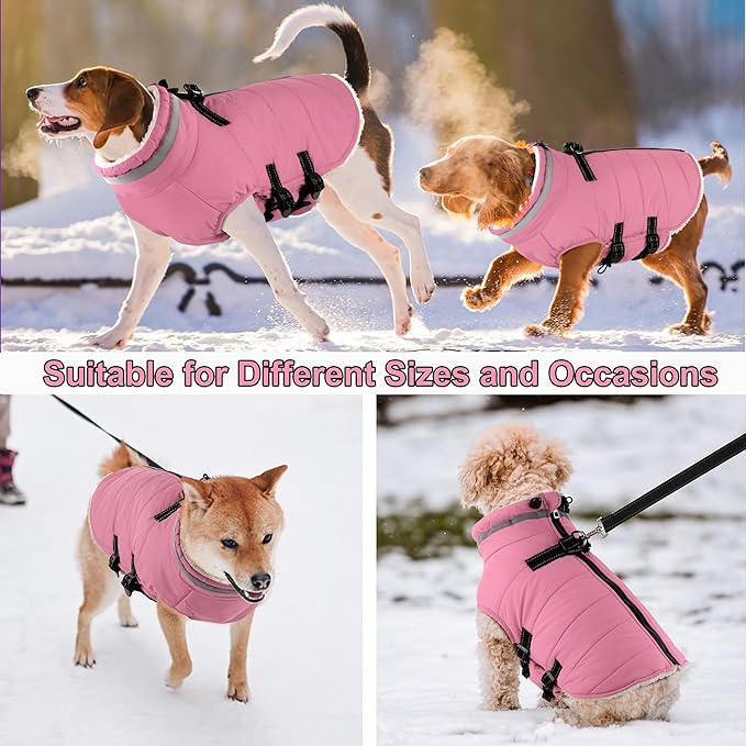 Dogcheer Dog Coat with Harness, Waterproof Dog Jacket Adjustable Winter Coat with Zipper, Christmas Puppy Snow Jacket Fleece Sweater for Small Medium Large Dogs - Light Pink XS