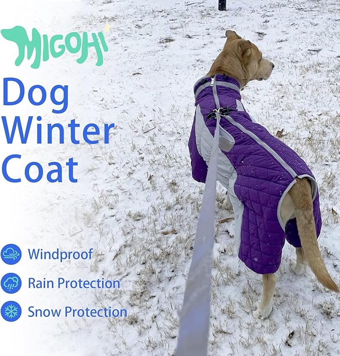 MIGOHI Full Body Dog Coat - Warm Reflective Large Dog Winter Coat with Harness,Turtleneck Fleece Jacket for Dogs,Four-Leg Windproof Puffer Jackets Snowsuit with Zipper for Small Medium Large Dogs,XL