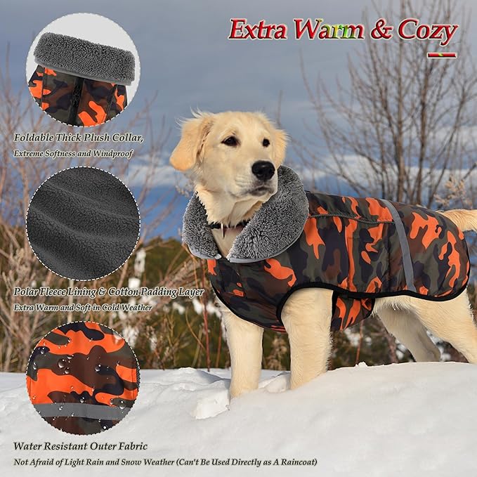 Dogcheer Warm Dog Coat, Waterproof Dog Jacket Christmas Puppy Winter Coat with Buckle, Reflective Adjustable Pet Snow Jacket Turtleneck Fleece Sweater for Small Medium Large Dogs - Orange Camo, S