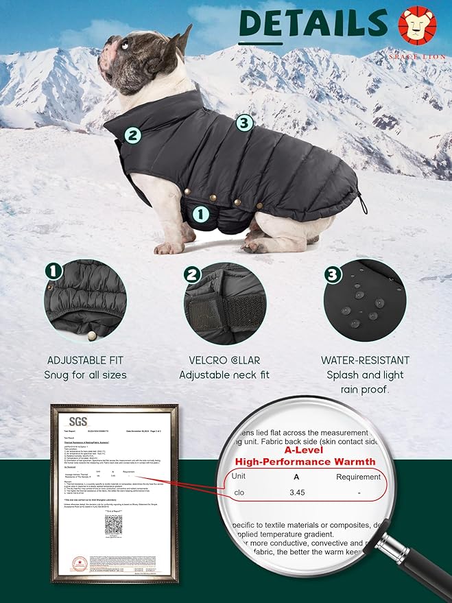 SPACE LION Dog Puffer Jacket, Down Winter Coat, Durable Outdoor Coat for Cold and Windy Conditions, Waterproof, Lightweight Jacket, Adjustable Fit for Small, Medium, Large Dogs(Black,24/2XL)