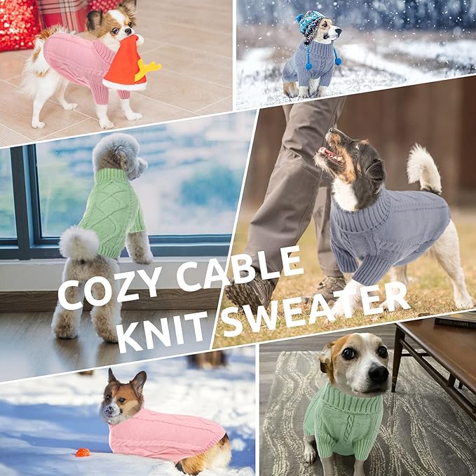 Queenmore Small Dog Pullover Sweater, Cold Weather Cable Knitwear, Classic Turtleneck Thick Warm Clothes for Chihuahua, Bulldog, Dachshund, Pug, Yorkie (Pink, X-Small)