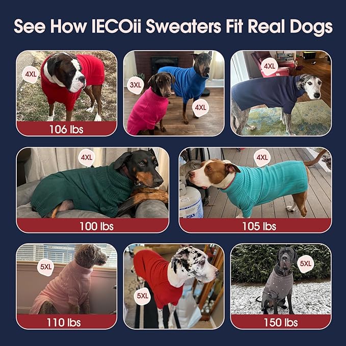 IECOii Extra Large Dog Sweater 4XL,Thermal Warm Dog Sweaters for Giant Breed Dogs,Turtleneck Knitted Knitwear for Pet Winter,Stretchy&Easy On Doggy Sweatshirt for Doberman,Great Dane(Burgundy,XXXXL)