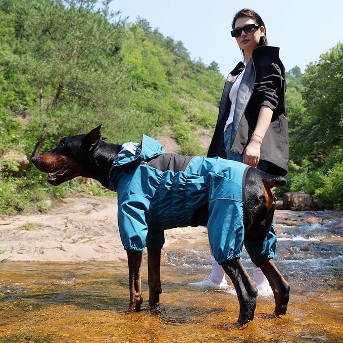 LOVELONGLONG Waterproof Dog Raincoat with Removable Hood – Outdoor Full Body Dog Jacket, Windproof Snowproof Shell Suit – All Season Pet Rain Gear Ocean Teal XXS