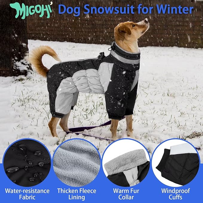 MIGOHI Full Body Dog Coat - Warm Reflective Small Dog Winter Coat with Harness, Turtleneck Fleece Jacket for Dogs,Four-Leg Windproof Puffer Jackets Snowsuit with Zipper for Small Medium Large Dogs,S