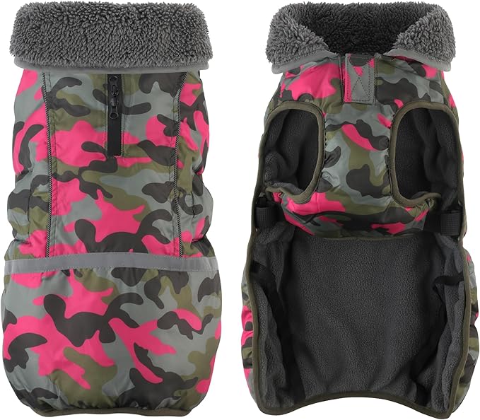 Dogcheer Warm Dog Coat, Waterproof Dog Jacket Reflective Adjustable Puppy Winter Coat with Buckle, Christmas Pet Snow Jacket Turtleneck Fleece Sweater for Small Medium Large Dogs - Camo Pink, L