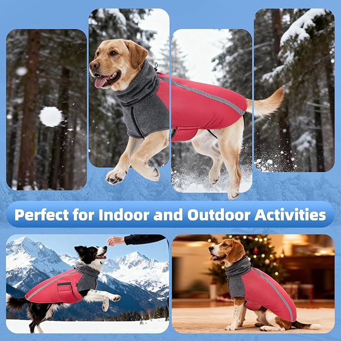 SlowTon Winter Dog Coat, Warm Polar Fleece Lining Doggie Outdoor Jacket with Turtleneck Scarf Reflective Stripe Adjustable Waterproof Windproof Puppy Vest Soft Pet Outfits (L,Red)