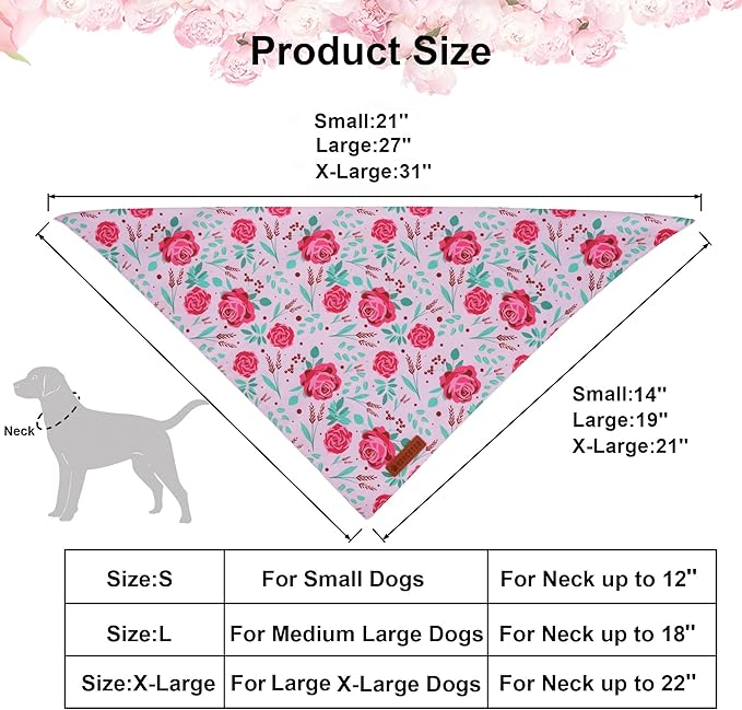 ADOGGYGO Floral Dog Bandana, Red Yellow Rose Pet Scarf, Adjustable Fit Flower Bandanas for Extra Large Dogs Pets (X-Large)