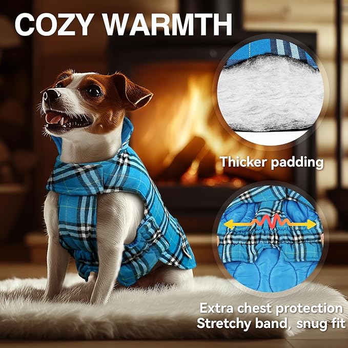 VIVAGLORY Softjoy Dog Coat, Dog Jacket for Winter & Christmas, Coat with Harness Hole & Velcro Closure, Reversible Plaid Checkered Warm Fluffy Heavy Duty for Puppy, XXS, Blue