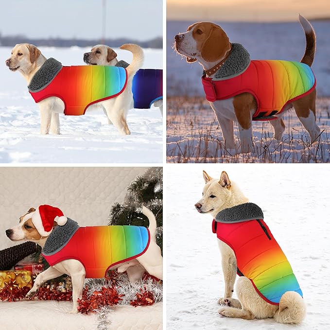 Dog Winter Coat, Waterproof Dog Jacket with Leash Hole, Reflective Adjustable Pet Snow Vest, Warm Fleece Sweater for Small Medium Large Dogs - Rainbow, XS