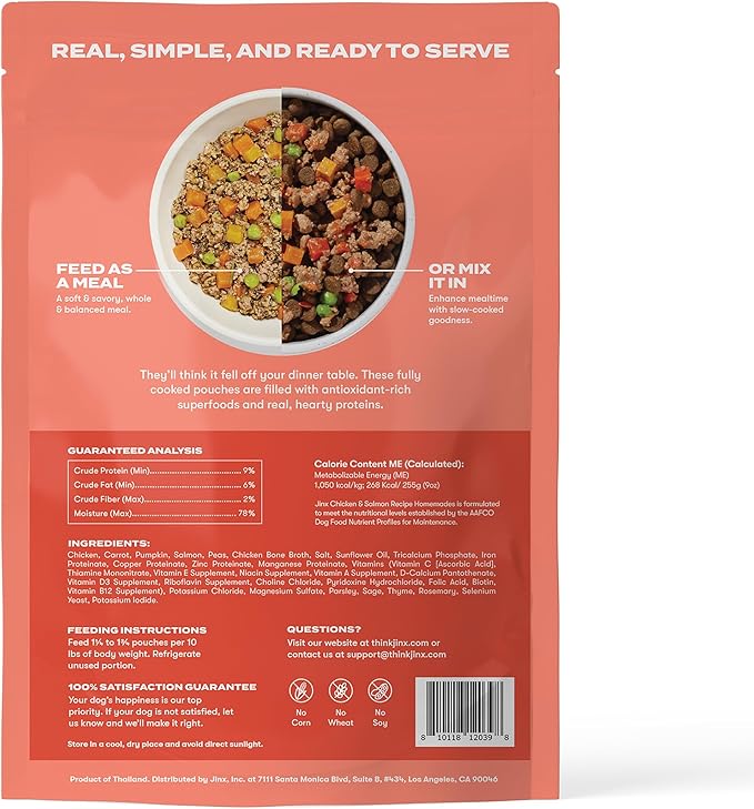 Jinx Salmon Grain Free Wet Dog Food Toppers, Meal or Mix with Dry Dog Food, Made with Real Salmon & Chicken, Bone Broth, No Fillers, Puppy, Adult, Senior, 9oz, 6 Pack