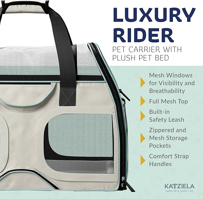 Katziela Pet Carrier - Airline Compliant Dog Carrier - TSA Approved Pet Carrier for Small Dogs and Cats - Soft FAA Travel Airplane Dog Carrier Luggage (White/Blue-Pro)