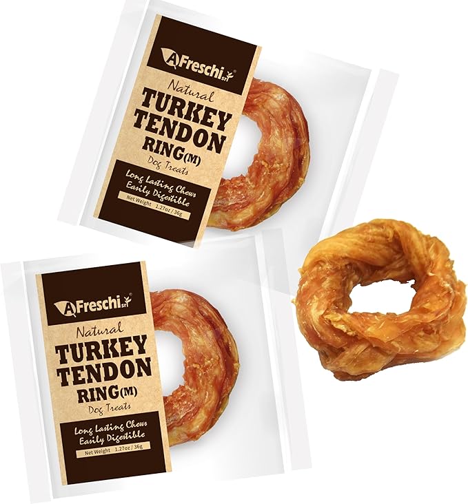 AFreschi Turkey Tendons for Dogs, USA-Sourced, Healthy Dog Treats, Rawhide-Free Puppy Chews, Long Lasting, All Natural, Hypoallergenic Dog Treats for Medium Breeds, 2 Count Pack Ring (M)